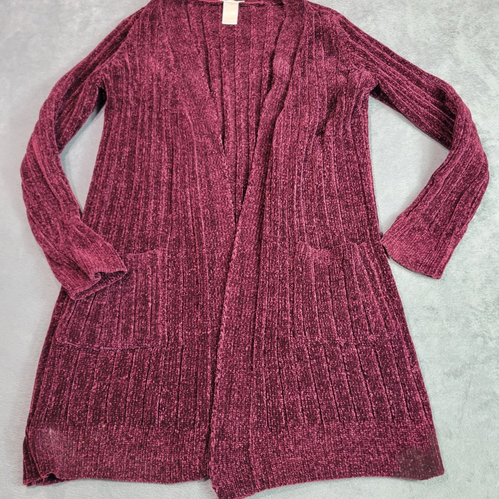 Matty M Cardigan Womens Small Burgundy Chenille Ribbed Open Front Longline 11932